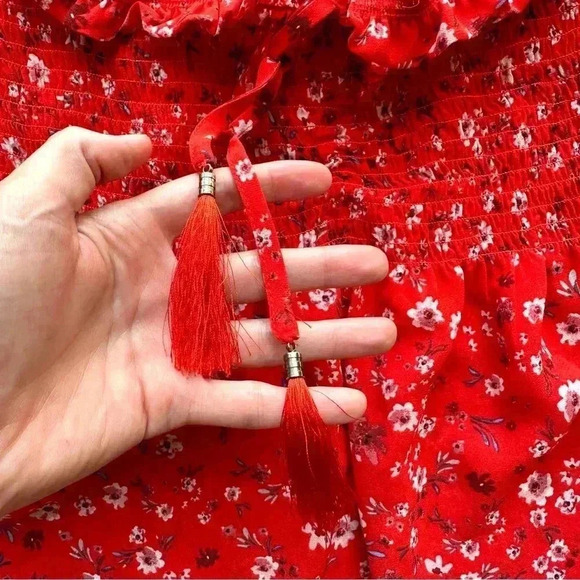 TOBI Red Floral Smocked Tassel Across the Shoulder Blouse, Size Medium - Picture 7 of 16